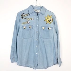 Vintage Denim Button Front Shirt Sun Moon Stars Applique Patches Rhinestones M